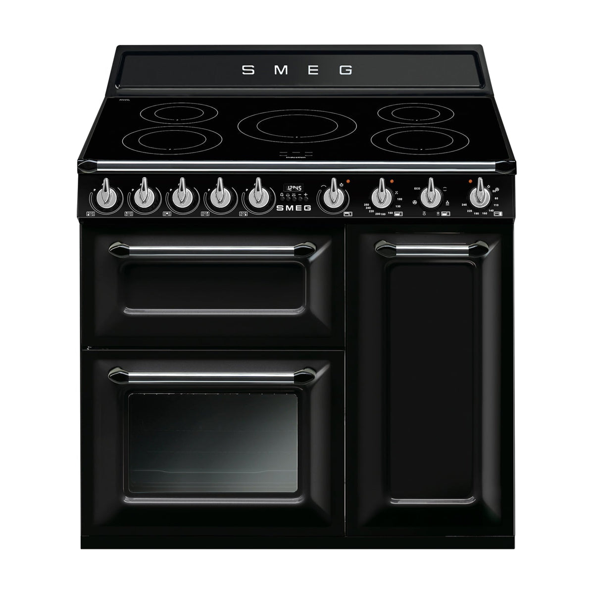 Cocina de inducción Smeg TR93IBL2 de 90 cm con tres hornos, negra